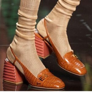 FENDI Orange Rust Runway Croc Effect FF Logo Buckle Slingback Pumps Size…